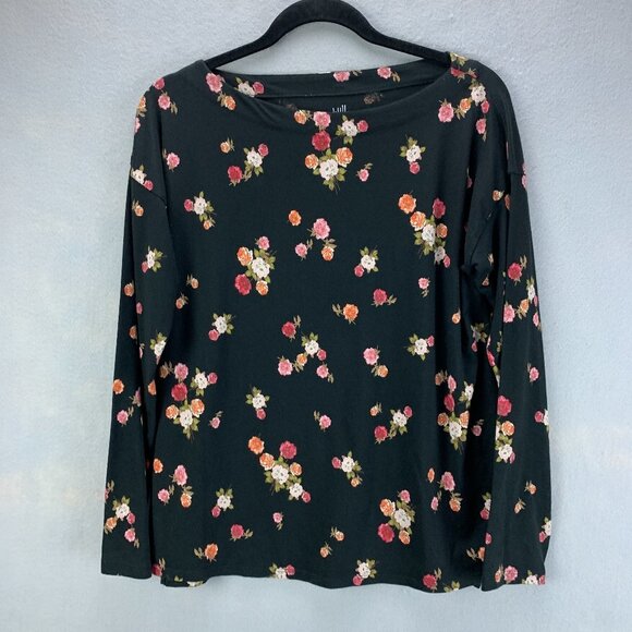 J Jill Top Womens Small Petite Black Floral Pullover Tee Supima Cotton Stretchy - Picture 1 of 14